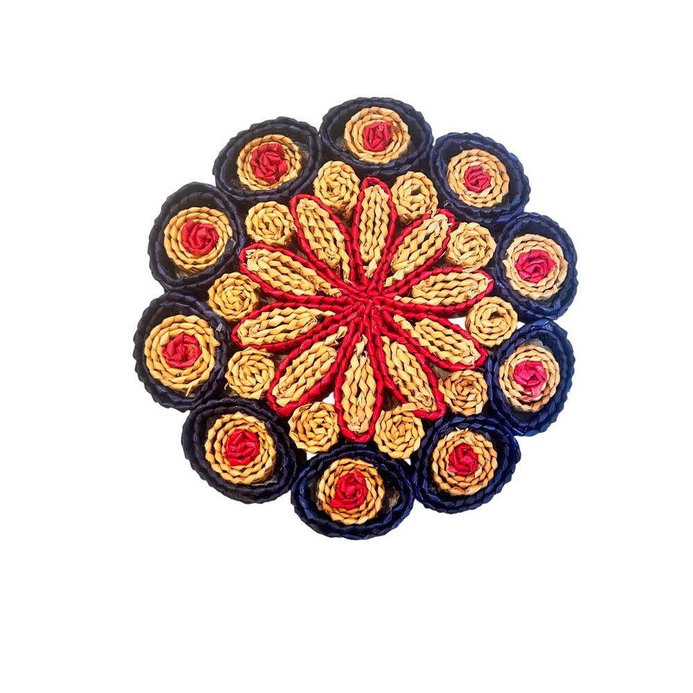 Vintage Woven Straw Trivets Set of 2 Red Navy Blue Natural Boho Kitchen‎ Decor - Picture 4 of 6